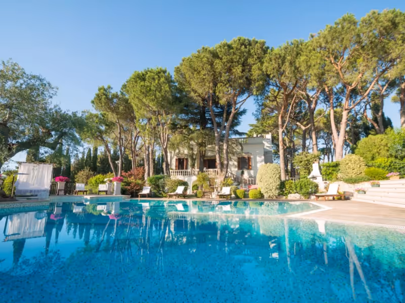 Outdoor swimming pool surrounded by lounge chairs, trees, and a large house in the background under clear sky.