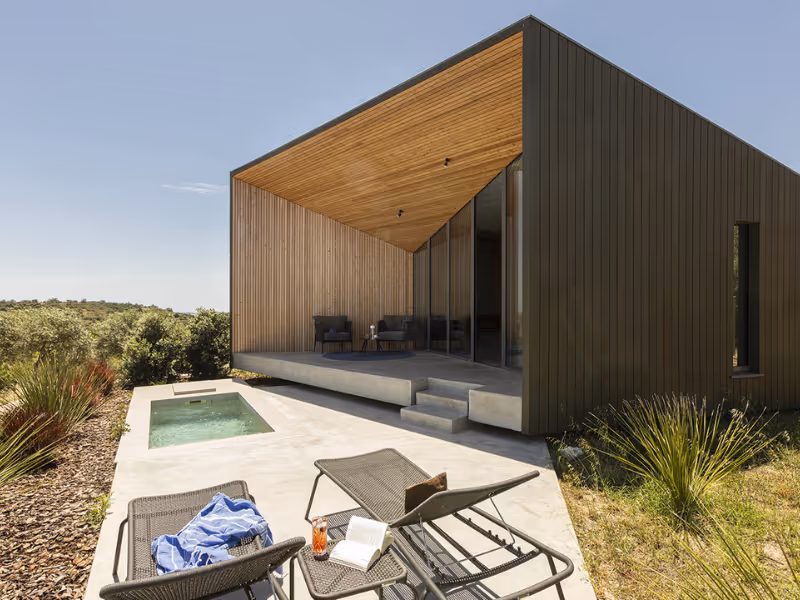 Modern dark cabin with wood-paneled ceiling, patio chairs, and small rectangular pool in natural setting.