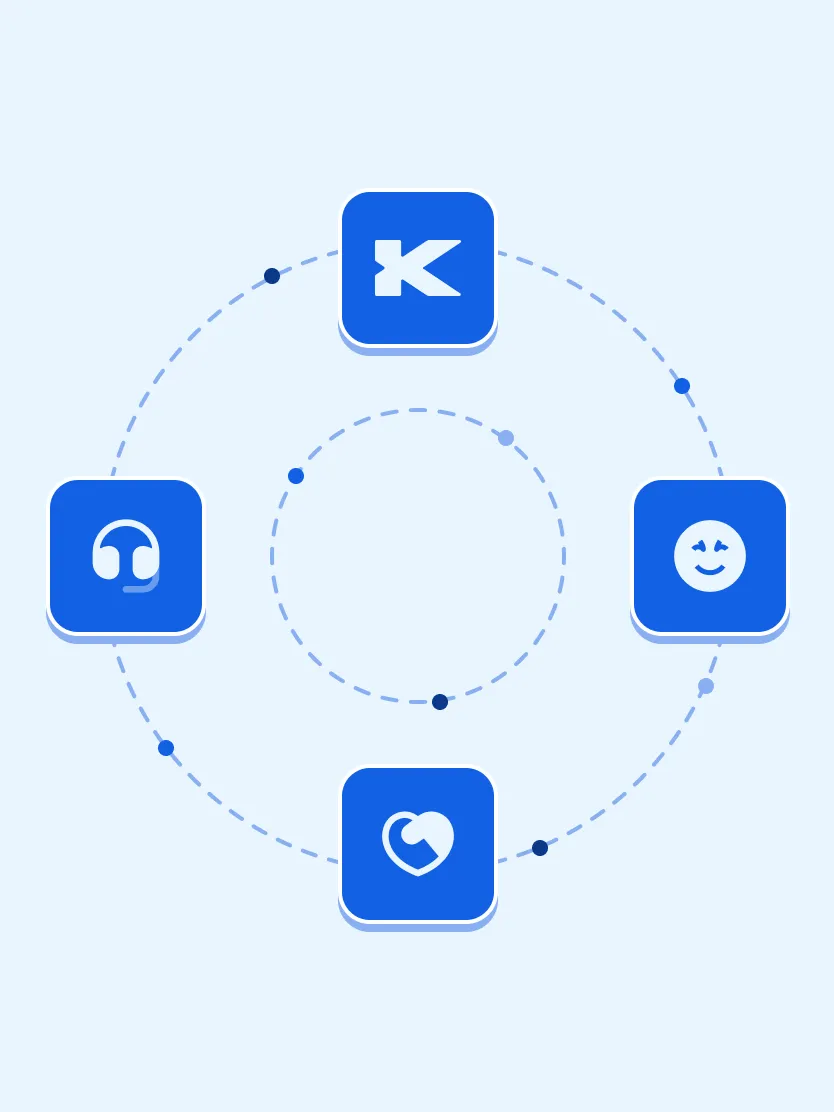 Four blue square icons arranged in a circular dotted line on a light blue background, featuring a headset, a letter K, a smiling face with closed star eyes, and a heart with a phone handset inside.