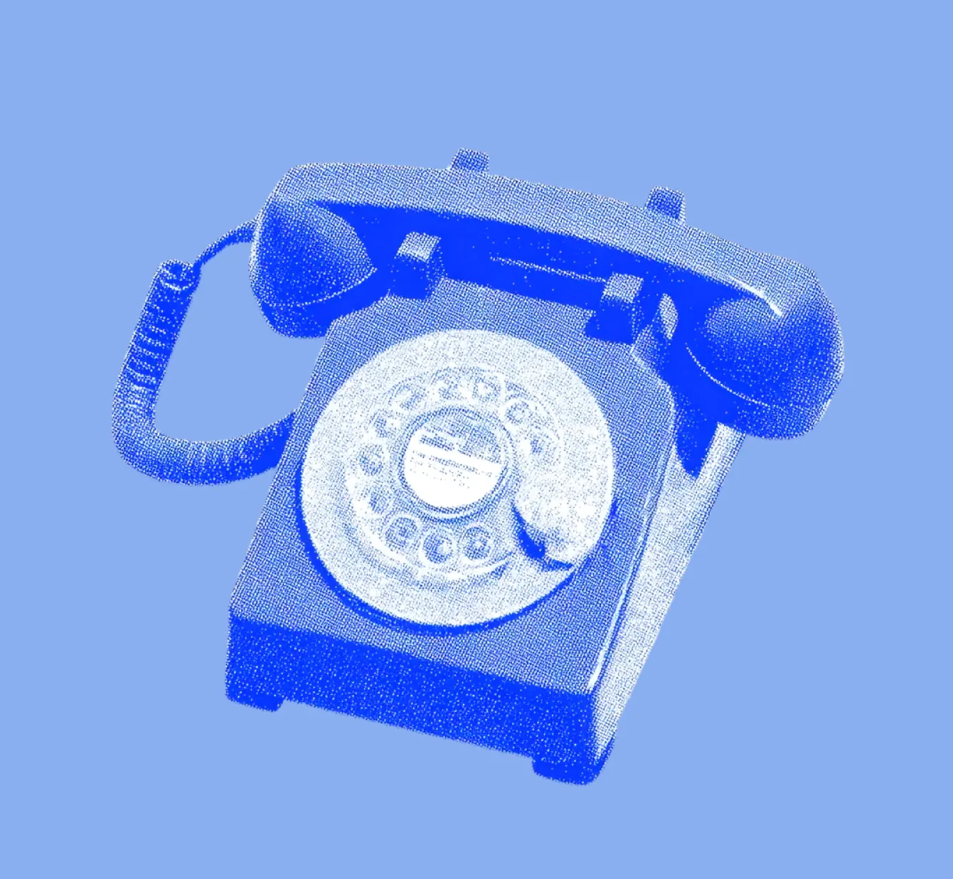 Blue halftone image of a vintage rotary dial telephone on a solid blue background.