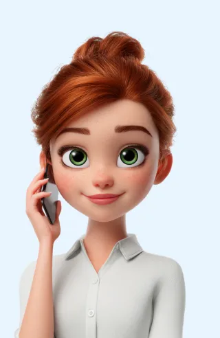 3D animated red-haired woman with green eyes talking on a smartphone, wearing a white collared shirt.