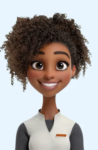 Smiling animated young woman with curly hair, large eyes, and wearing a light vest over a dark shirt.