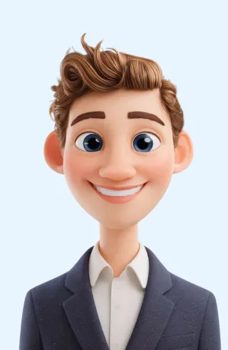 3D animated young man with wavy brown hair, blue eyes, and a friendly smile wearing a dark suit jacket and white shirt.