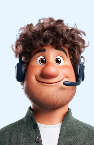 3D cartoon avatar of a smiling man with curly brown hair, freckles, wearing a headset and green sweater.