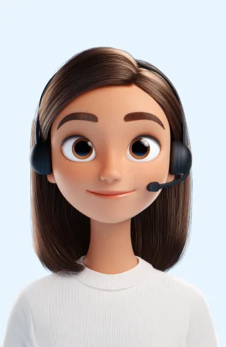 3D cartoon avatar of a woman with brown hair wearing a headset and white top, smiling on light blue background.