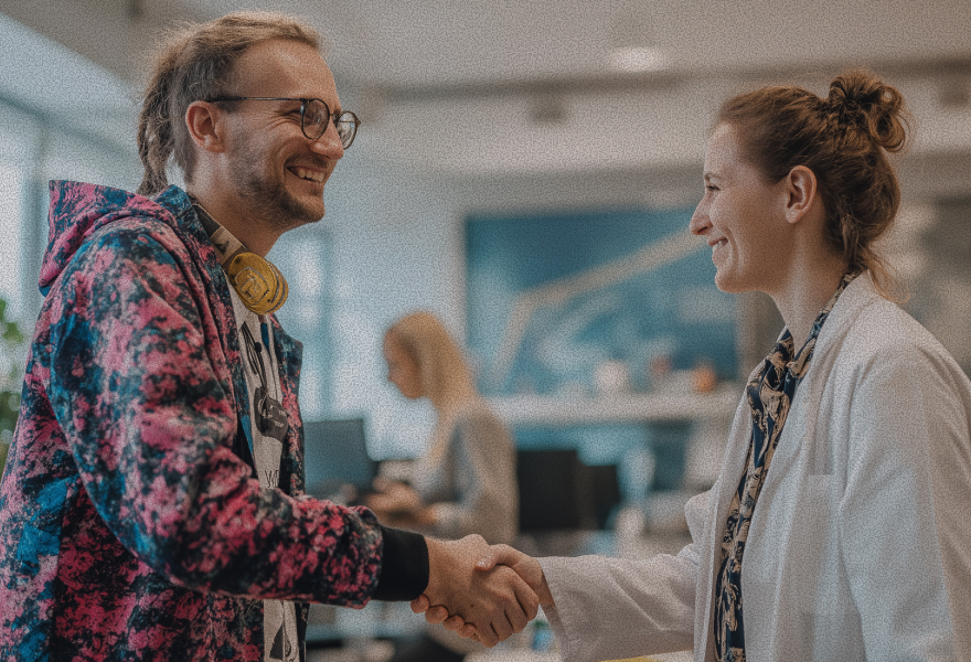 Man with glasses and colorful jacket shaking hands and smiling with a woman in a white lab coat in an office setting.