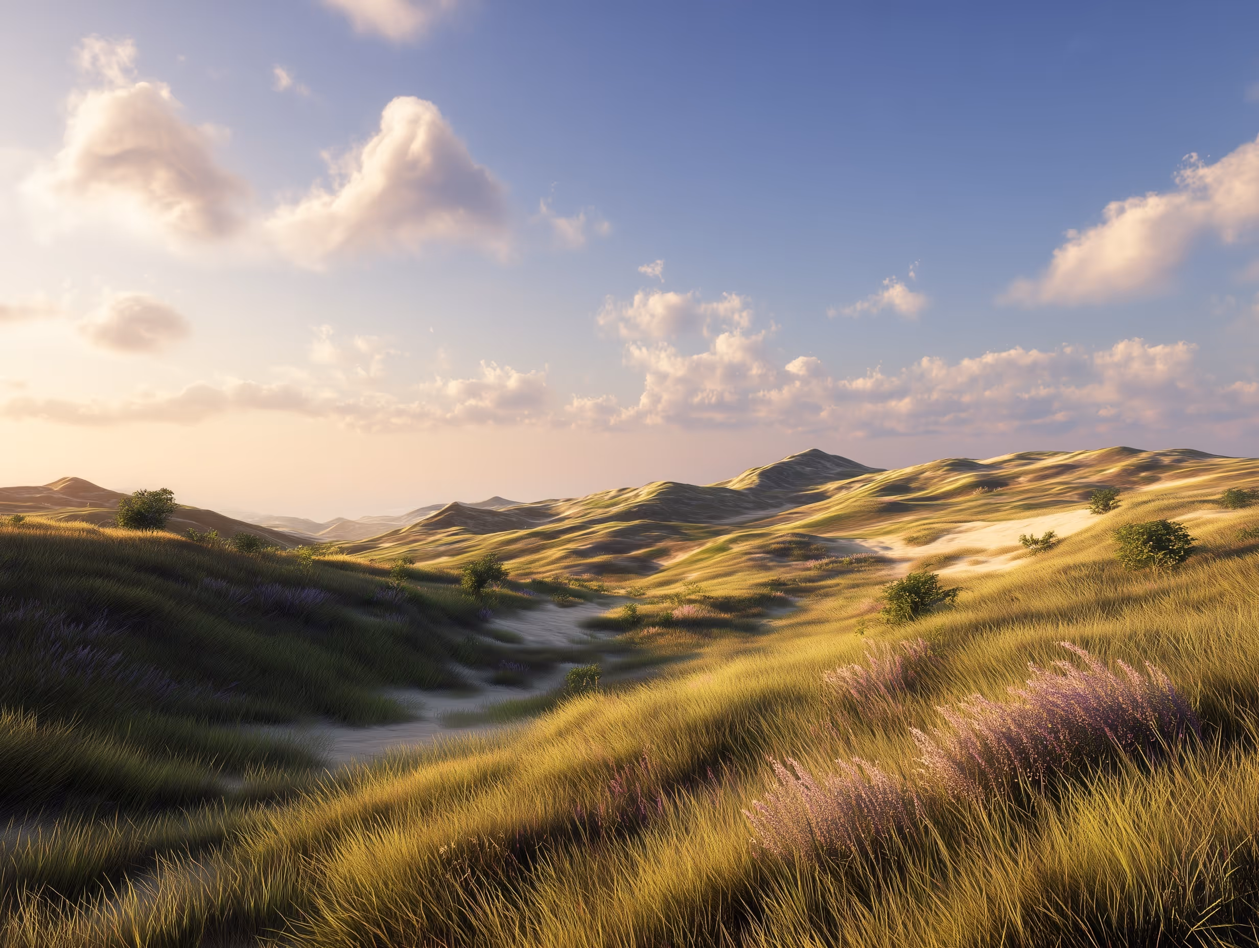 Rolling grassy hills with scattered small bushes and purple flowers under a partly cloudy sky at sunset.