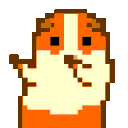 Pixel art animation of a brown and white hamster dancing with moving arms and tail.