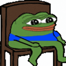 Pepe the Frog character sitting slouched on a wooden chair with a blue shirt, looking contemplative.