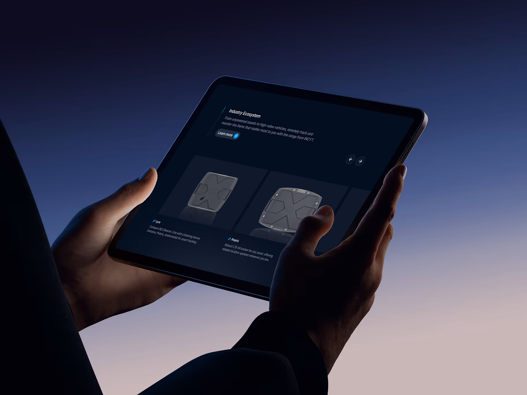 Two robotic arms holding a tablet displaying a platform interface for searching robot data in plain English.
