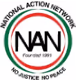 Logo of National Action Network with acronym NAN in black, surrounded by red, black, and green circle and the phrases 'No Justice No Peace' and 'Founded 1991'.