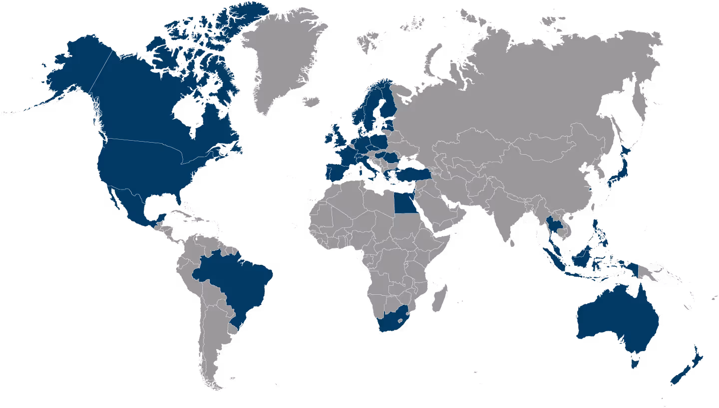 World map highlighting countries in blue including the United States, Canada, Mexico, Brazil, several European nations, Egypt, South Africa, Australia, New Zealand, Japan, South Korea, and parts of Southeast Asia.
