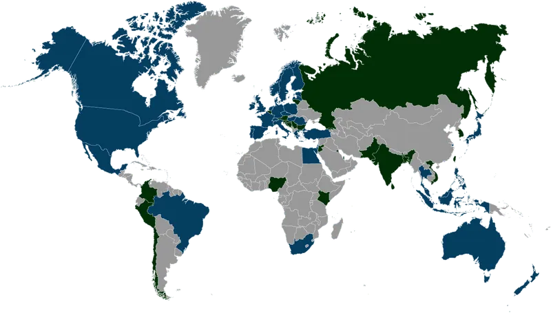 World map highlighting countries in dark blue and dark green, with most of Europe, North America, Australia, and parts of South America, Africa, and Asia in blue, and Russia, India, and some African countries in green.