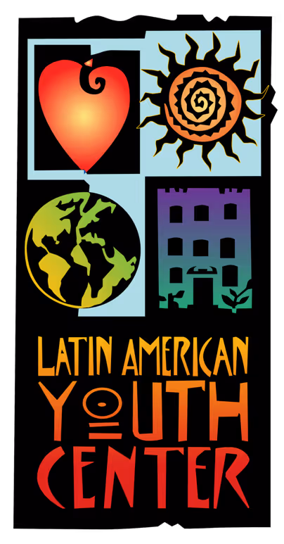 Logo for Latin American Youth Center featuring stylized heart, sun, globe, and building icons above the center's name in gradient orange and red text.