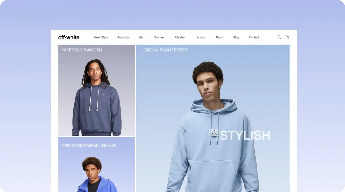 Online store page showing three men modeling blue hoodies: Nike Solo Swoosh, Nike Sportswear Therma, and Jordan Flight Fleece labeled stylish.