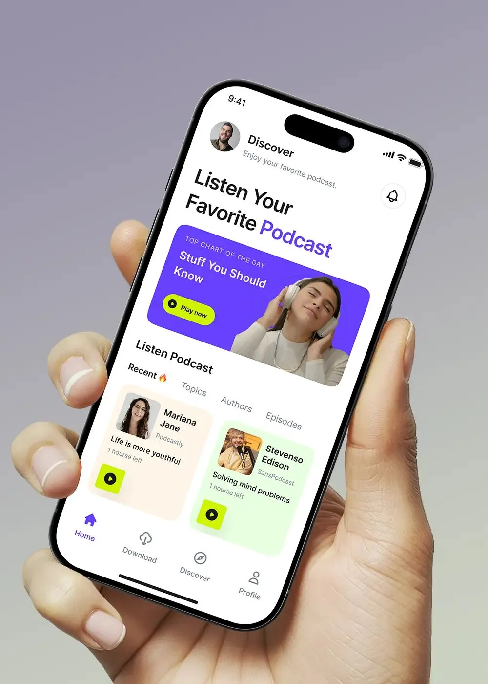 Hand holding a smartphone displaying a podcast app with the Discover page showing 'Listen Your Favorite Podcast' and podcast cards featuring Mariana Jane and Stevenso Edison.