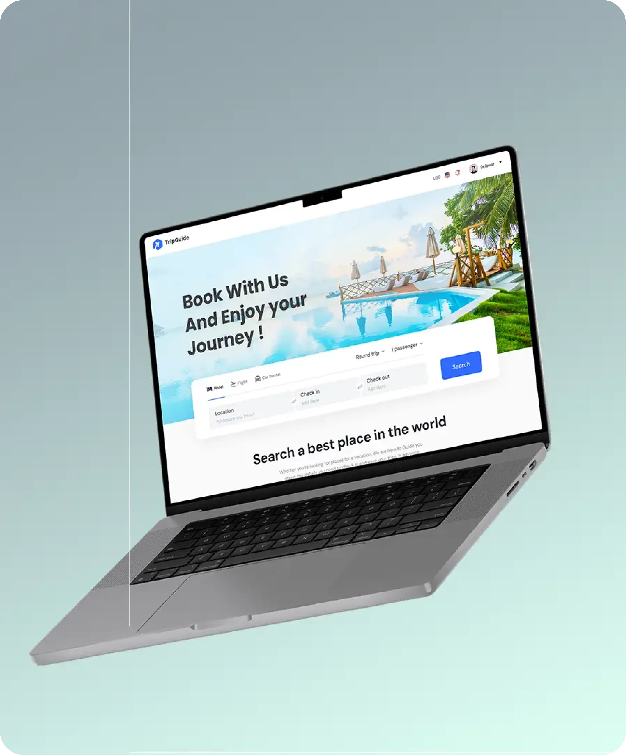 Open laptop displaying a travel booking website featuring a poolside resort image and search options for hotels, flights, and car rentals.