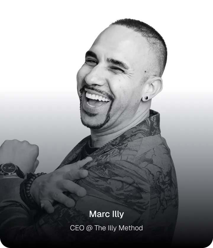 Black-and-white portrait of a smiling man with a short haircut and goatee, wearing a patterned jacket, identified as Marc Illy, CEO of The Illy Method.