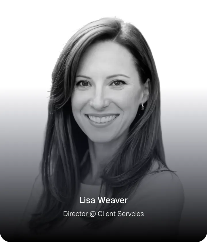 Portrait of Lisa Weaver, Director of Client Services, smiling with long hair in grayscale.