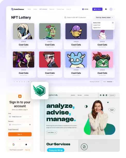 Webpage showing an NFT lottery interface with various cool cat illustrations and a sign-in and marketing services section below.