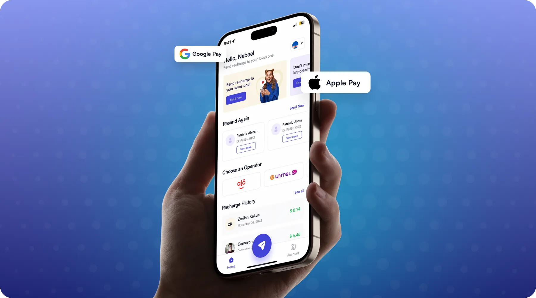 Hand holding smartphone displaying a mobile app for sending recharges with options for Google Pay and Apple Pay.