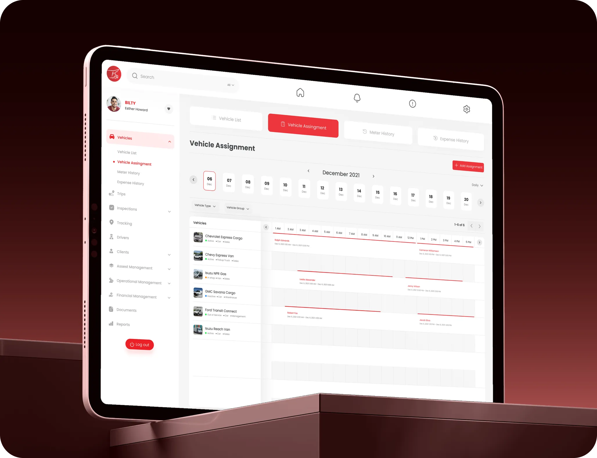 Smartphone and tablet displaying the BILTY logistics app dashboard with service options and account details on a red and black background.