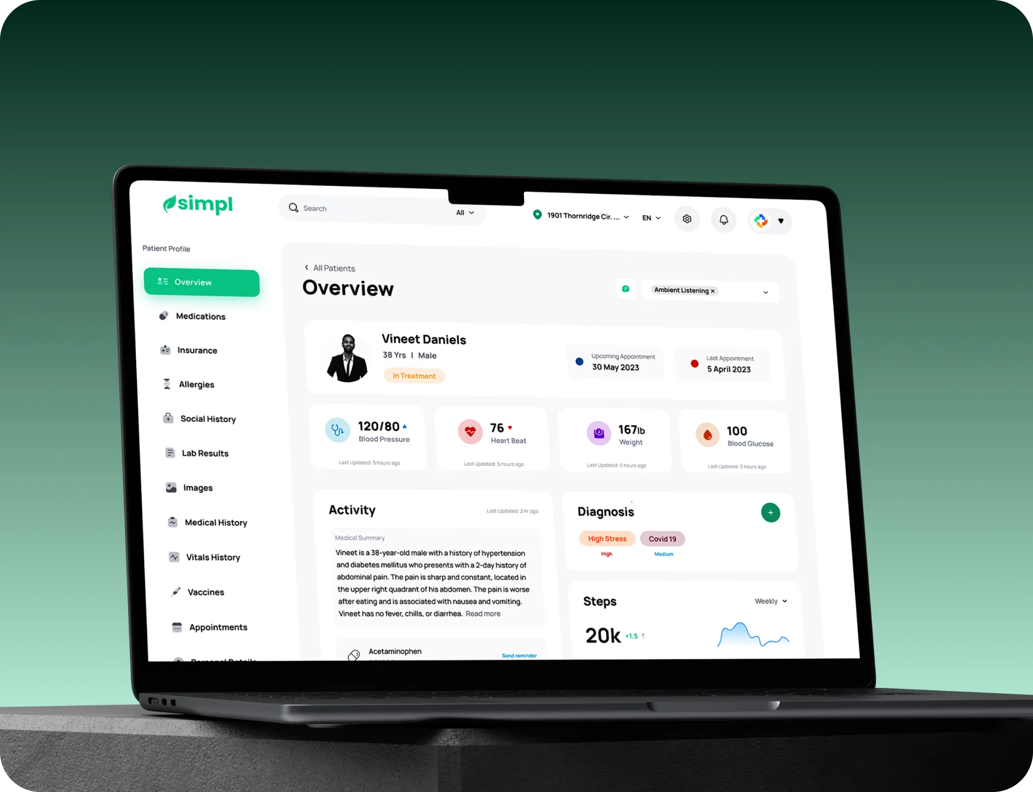 Laptop showing a patient profile dashboard for Vineet Daniels with vital signs, activity summary, diagnosis, and appointment details.