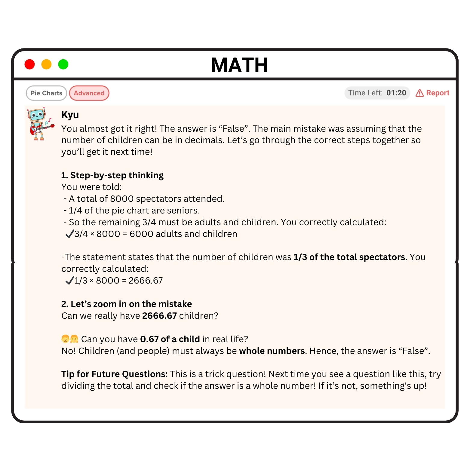 Luminee Learning platform showing AI-powered answers and explanations walkthrough from Coach Kyu.