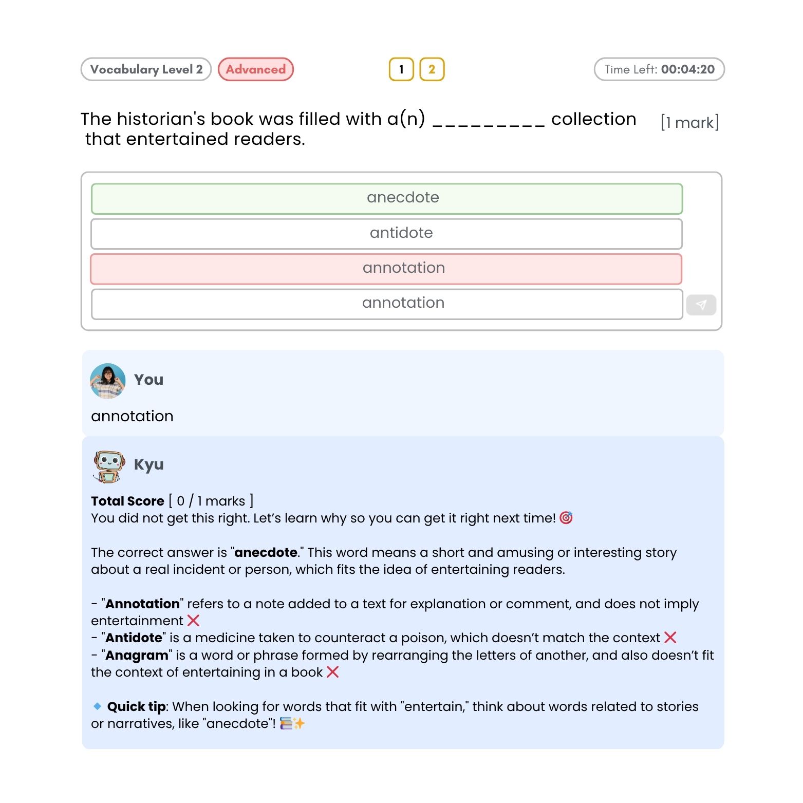 PSLE Vocabulary advanced multiple-choice question on Luminee Learning platform, testing nuanced word usage.