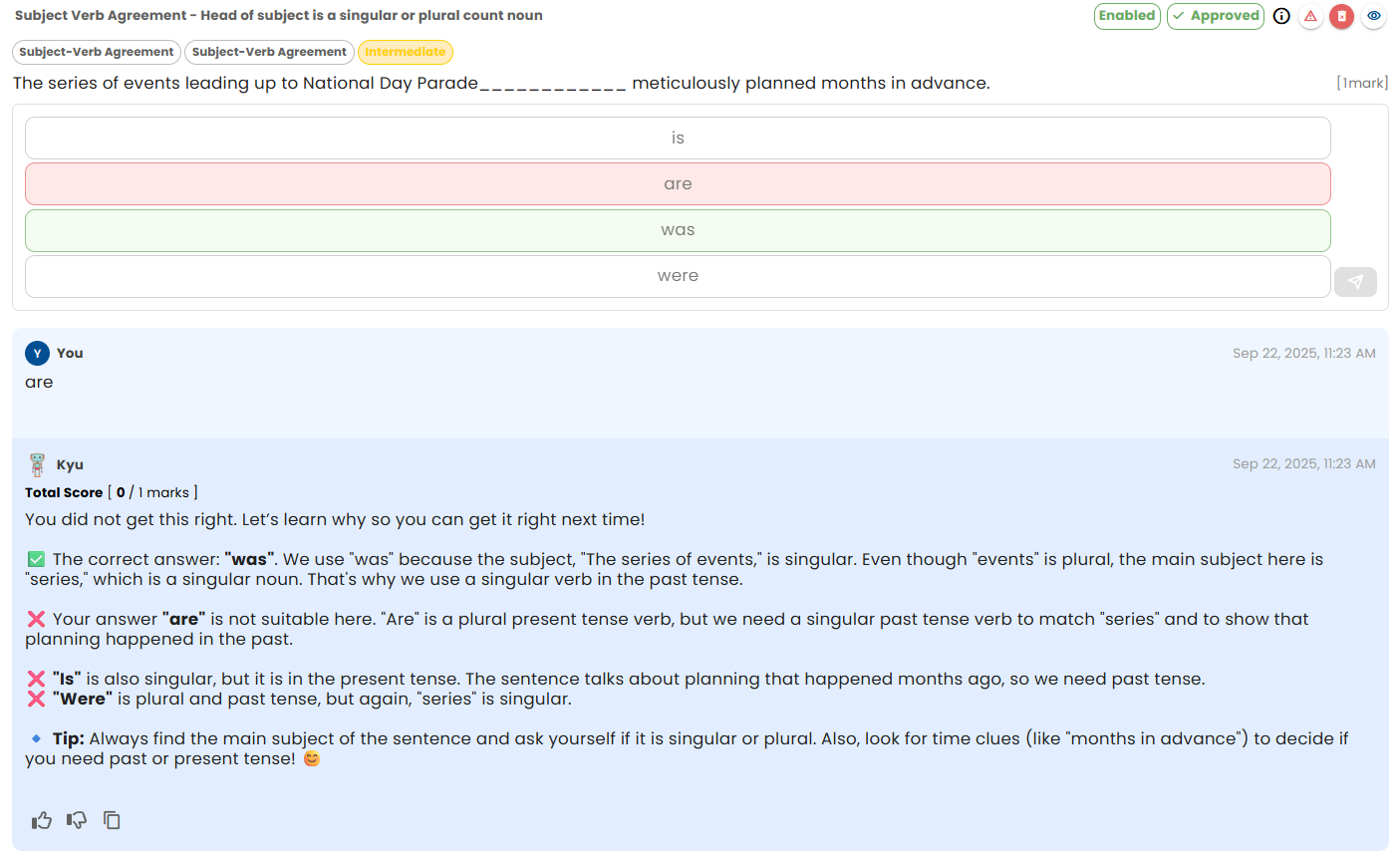 PSLE English question examples on subject-verb agreement and compound subject confusion, with correct answers explained.