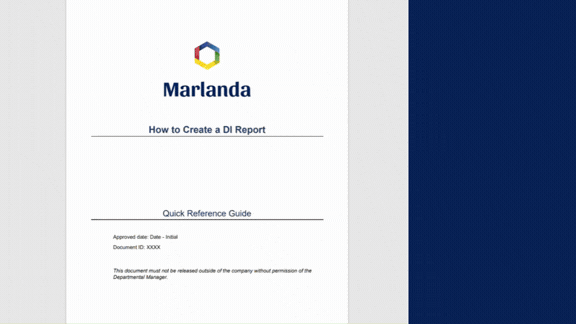 Animated guide cover for Marlanda titled 'How to Create a DI Report' with sections labeled Quick Reference Guide, approval date, document ID, and a confidentiality notice.
