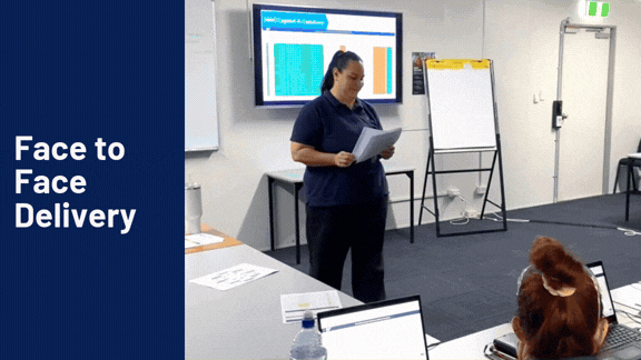 Marlanda employee teaching in a classroom setting with 'Face to Face Delivery' text on the left.