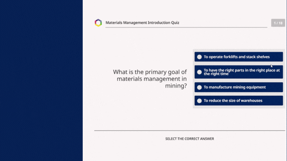 Screenshot of a quiz question asking the primary goal of materials management in mining with four multiple-choice answers displayed.