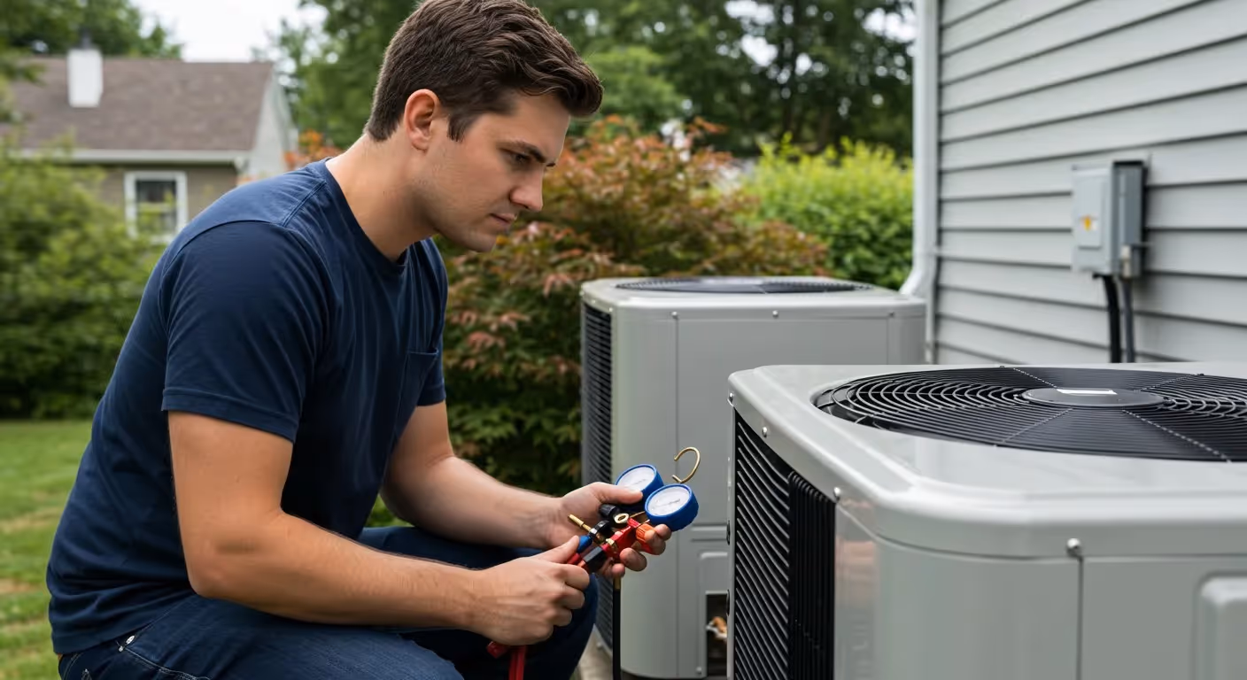 HVAC technician checking refrigerant levels with manifold gauges on two outdoor heat pump units.