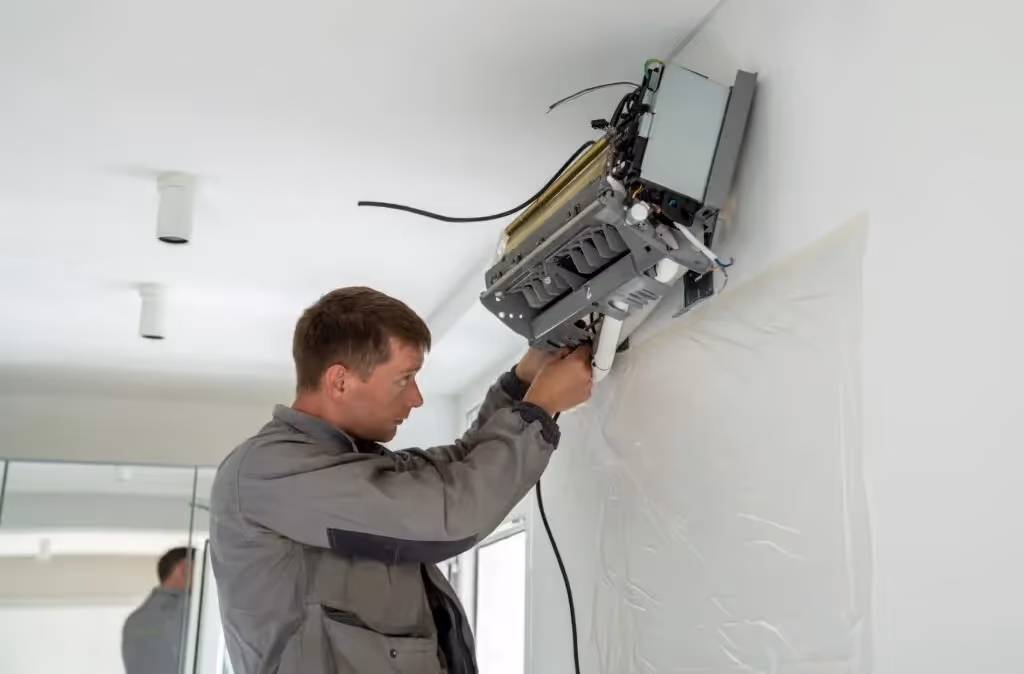 An HVAC technician in a work suit is repairing an open wall-mounted air conditioner unit.