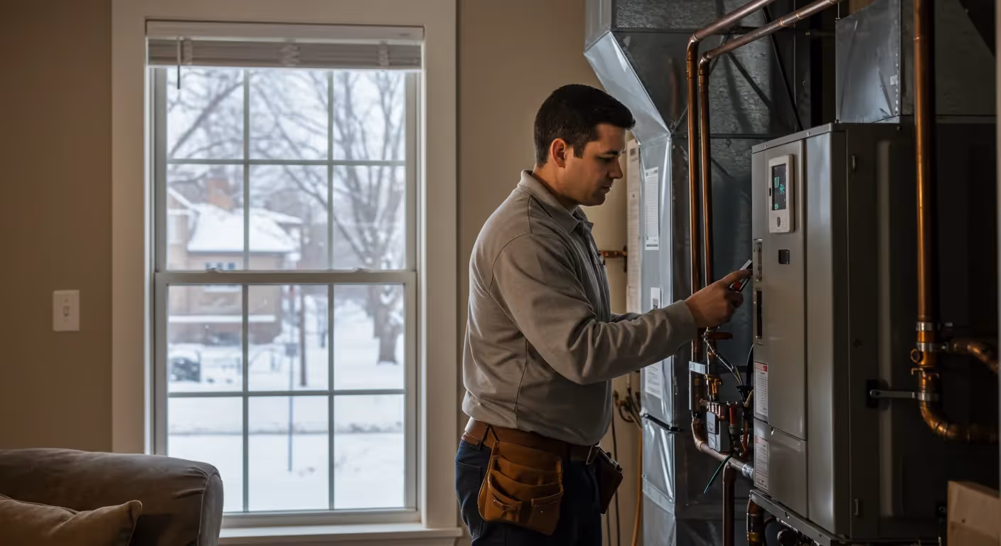 A male technician standing next to a furnace adjusting the digital control panel with a snowy yard visible outside
