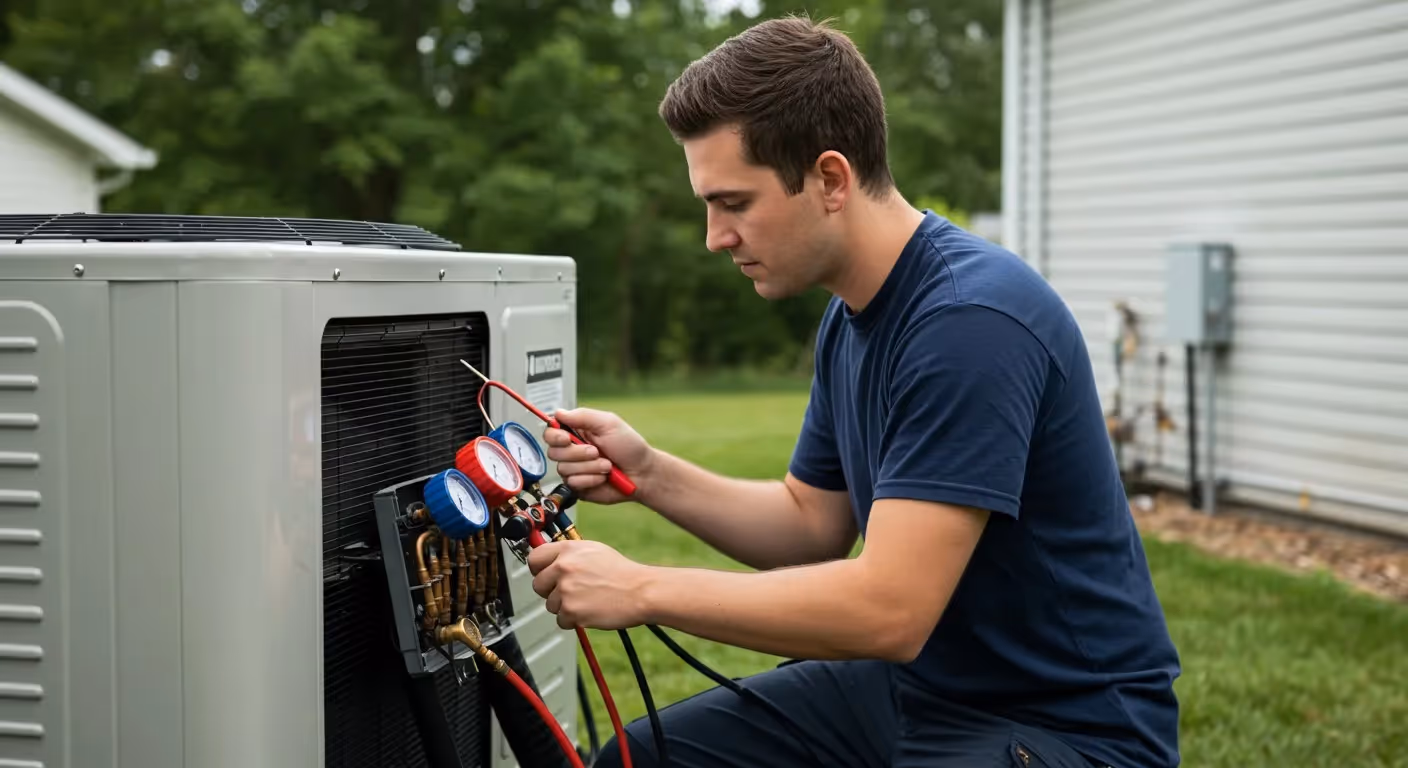 A technician in a blue shirt is crouching down, connecting gauges to the refrigerant lines of an outdoor heat pump unit.