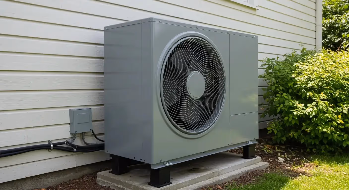A large, gray heat pump unit is installed on a raised platform next to a white-sided house, with a bed of mulch and green bushes around it.