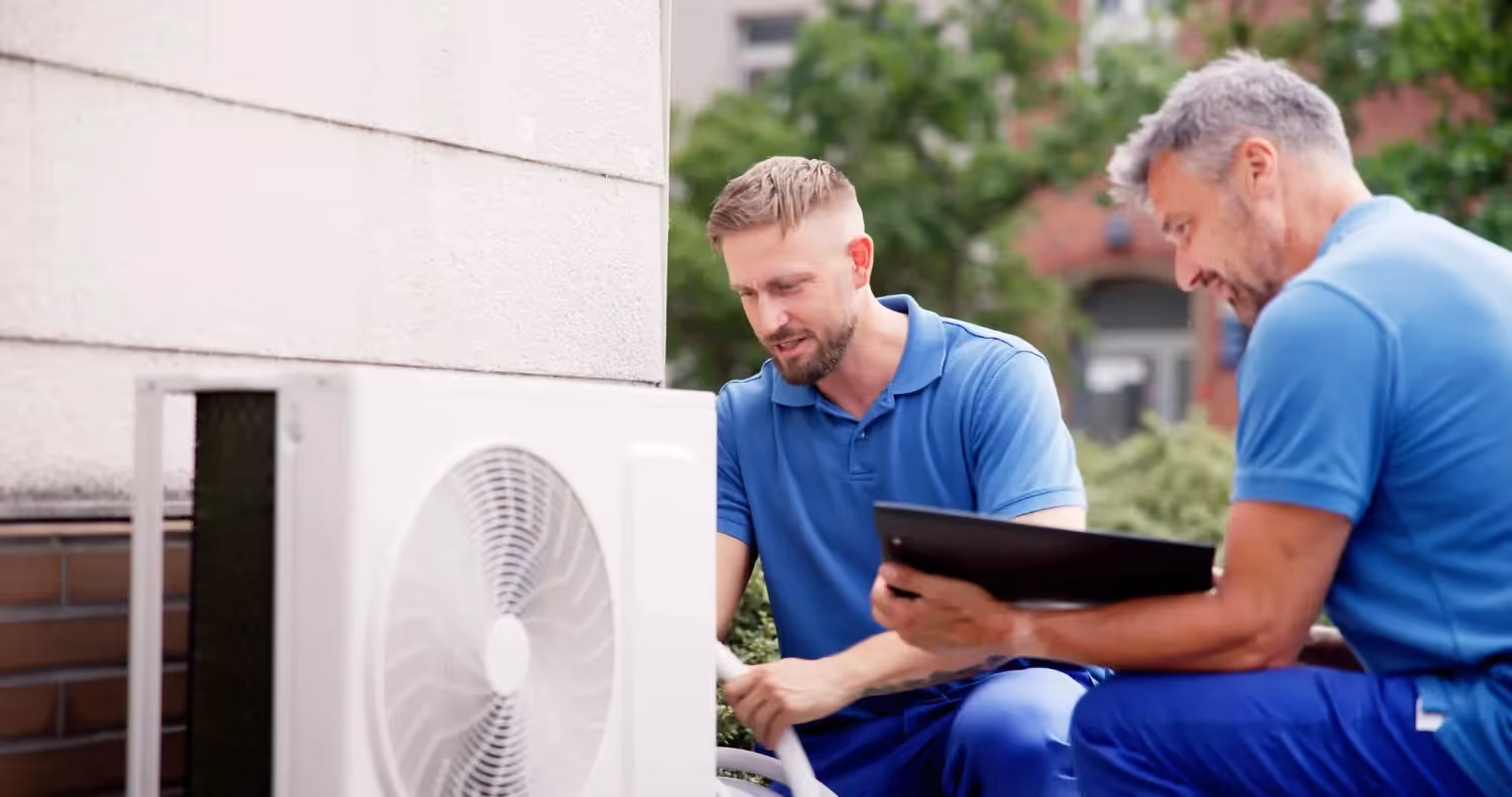 Two men in blue shirts are working on an outdoor AC unit, with one holding a tablet and the other adjusting something