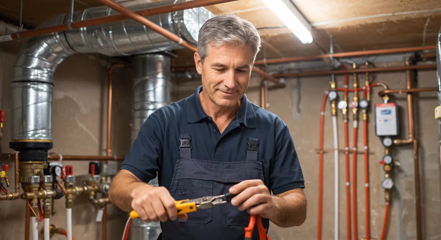 A plumber is working with pliers in a room with many pipes