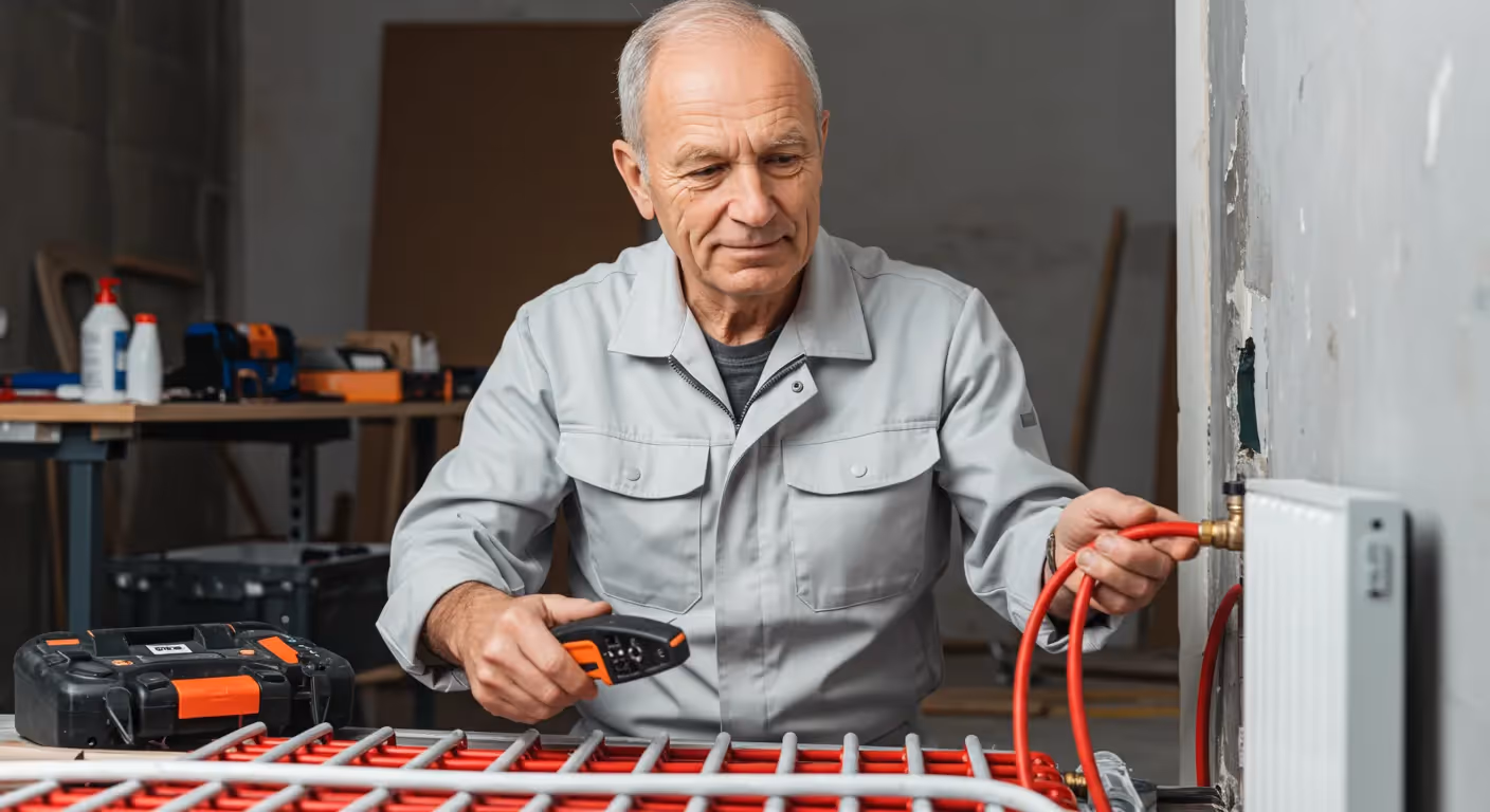 A man is connecting red tubes to a heating system
