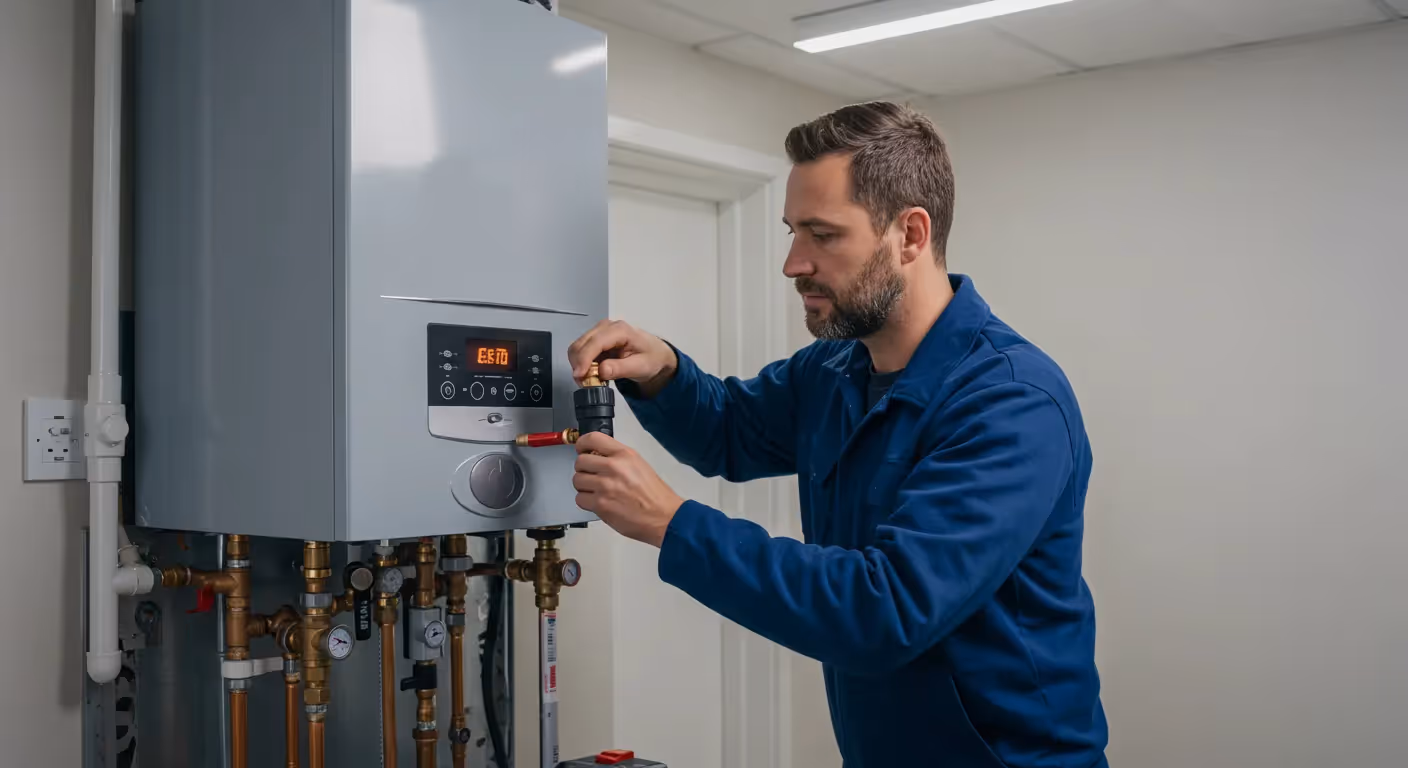 A plumber in a blue uniform is adjusting a brass fitting on the front of a wall-mounted residential boiler