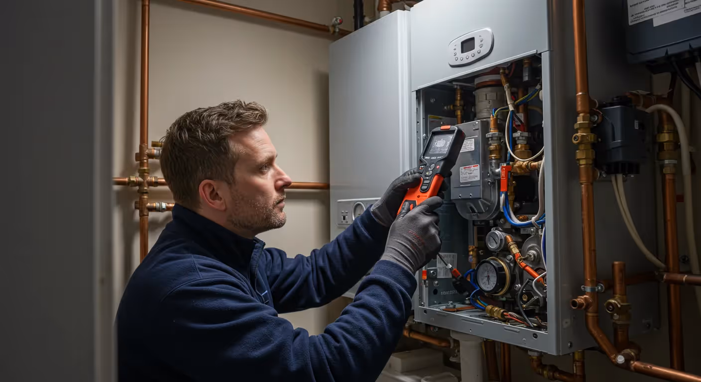 A service engineer uses a handheld combustion analyzer on the internal parts of a modern gas boiler