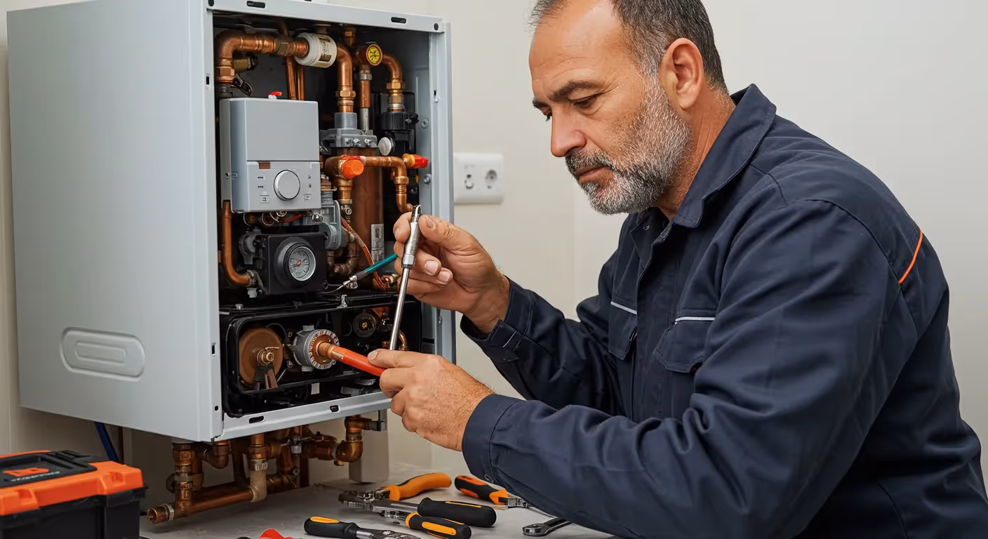 A male HVAC technician in a dark blue fleece jacket and gray gloves kneels on a brown wooden floor, looking into the opened side panel of a white boiler.