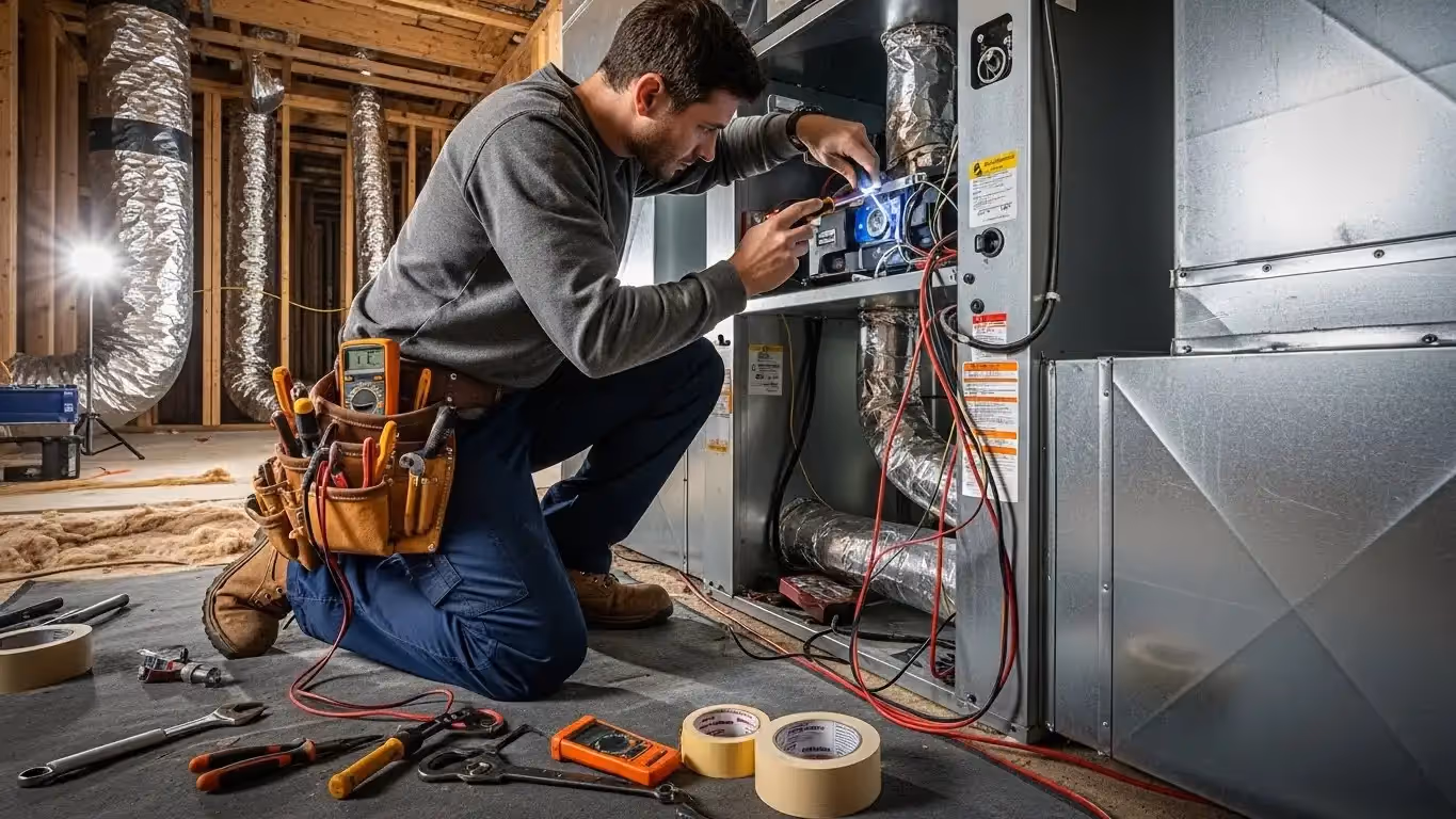 A technician uses a multimeter to test the wiring inside an HVAC furnace unit in a residential basement