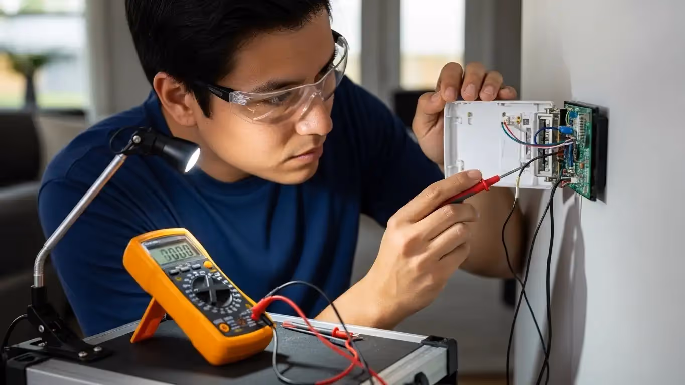 Male technician wearing safety glasses testing wires on a wall-mounted thermostat with a digital multimeter