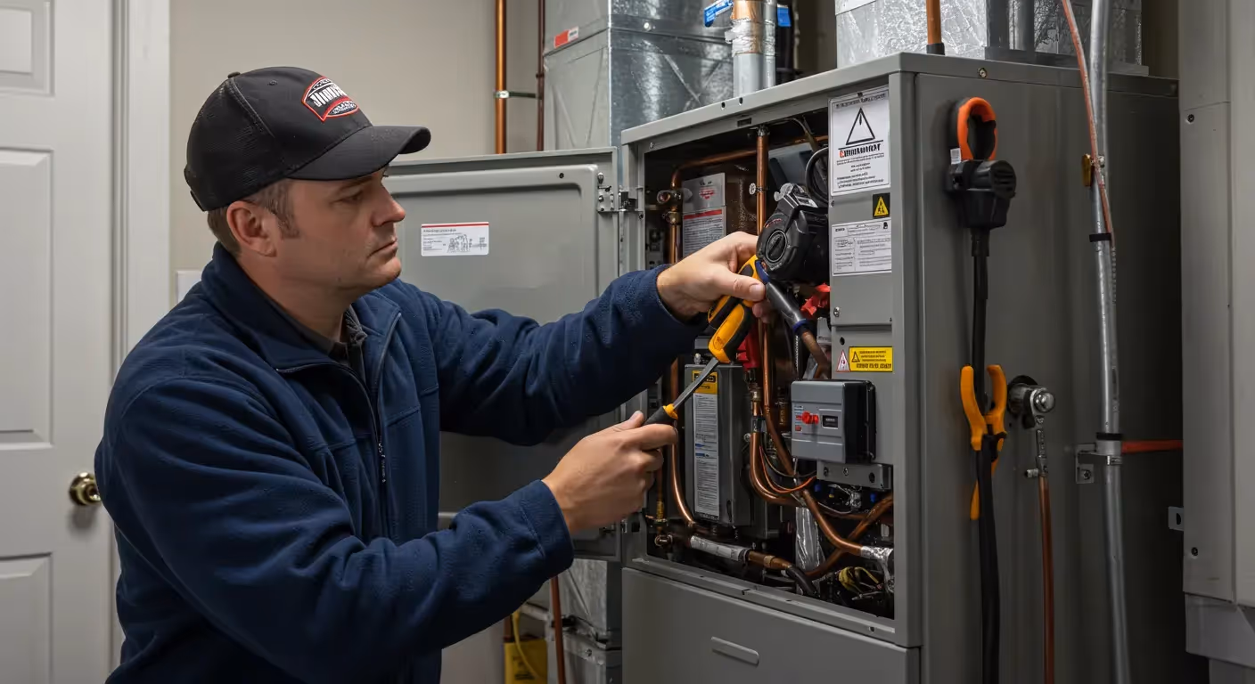 A technician in a hat and blue jacket uses a yellow and black screwdriver and a multi-meter to troubleshoot an open furnace.