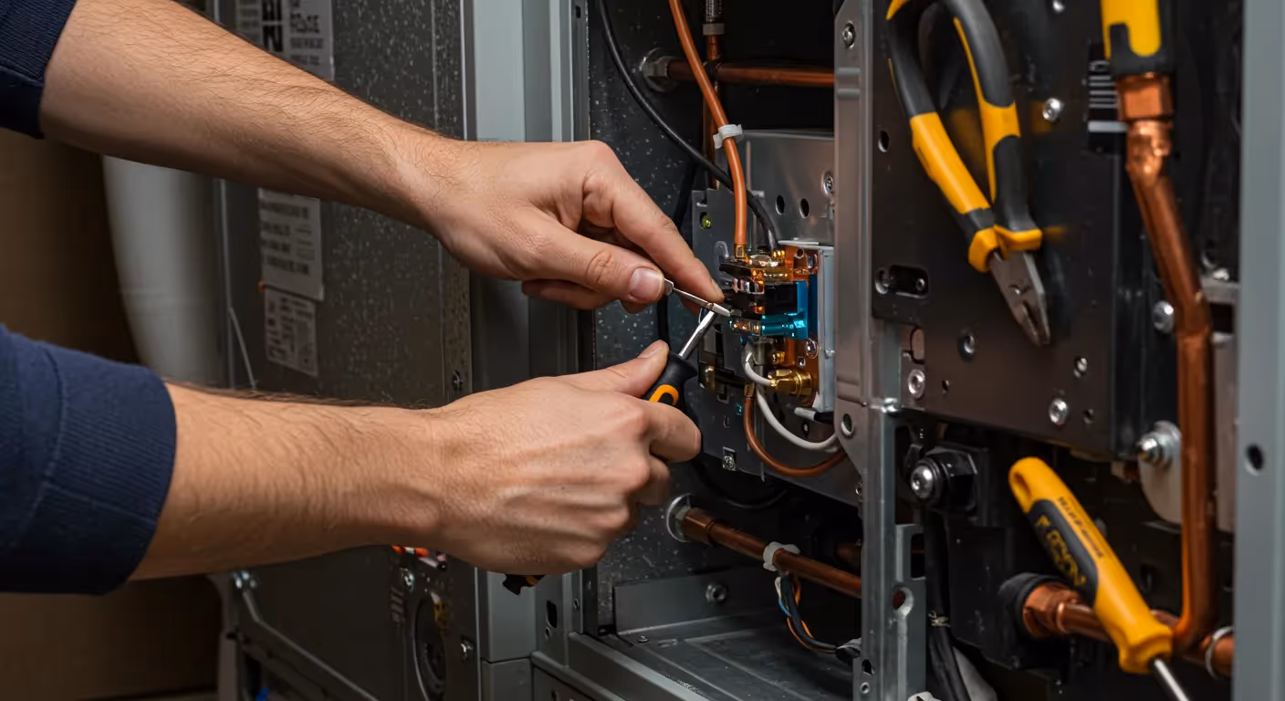 A close-up of a technician's hands using a small screwdriver to work on the wiring of a furnace.