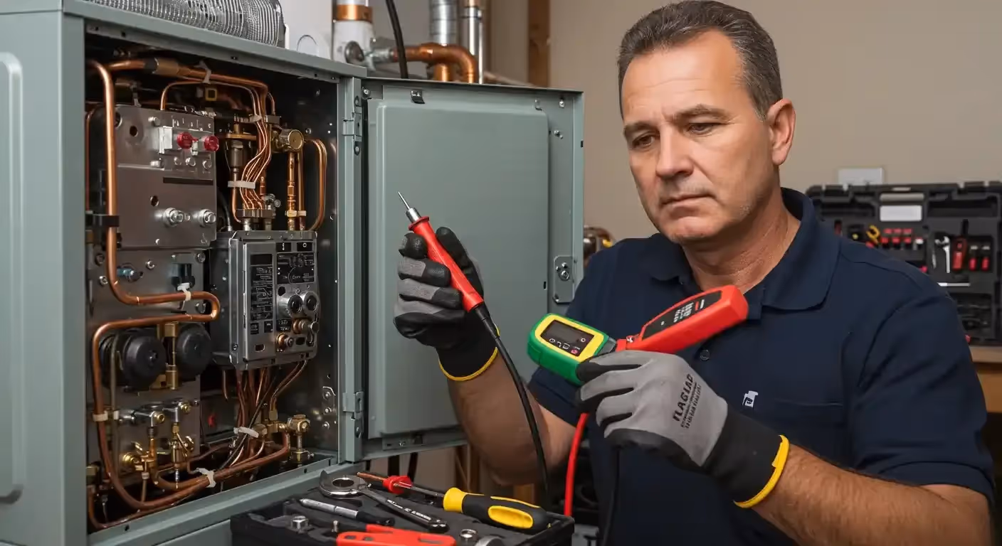A technician in a navy blue shirt and gloves uses two multi-meters to diagnose problems inside an open furnace.