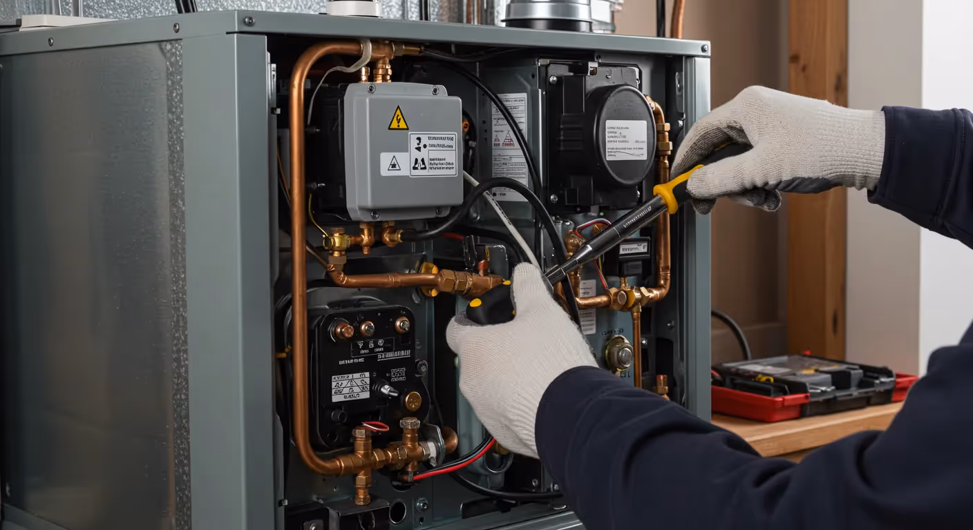 A technician wearing white and gray gloves uses two small tools to work on the internal wiring and copper pipes of a furnace.
